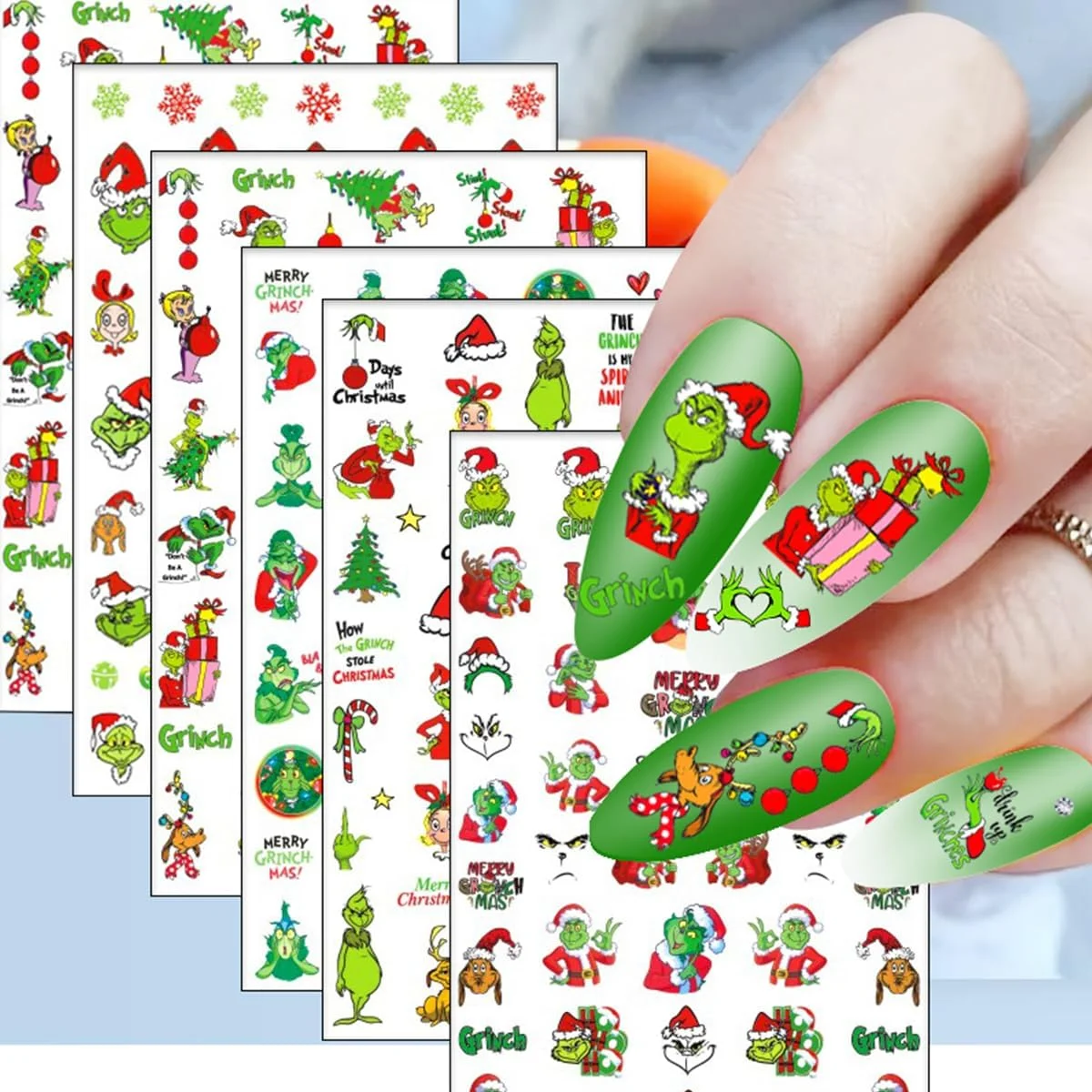 Grinch Christmas Nail Art Stickers Cartoon White Snowflake Green Face Decals Sticker Decor Nail