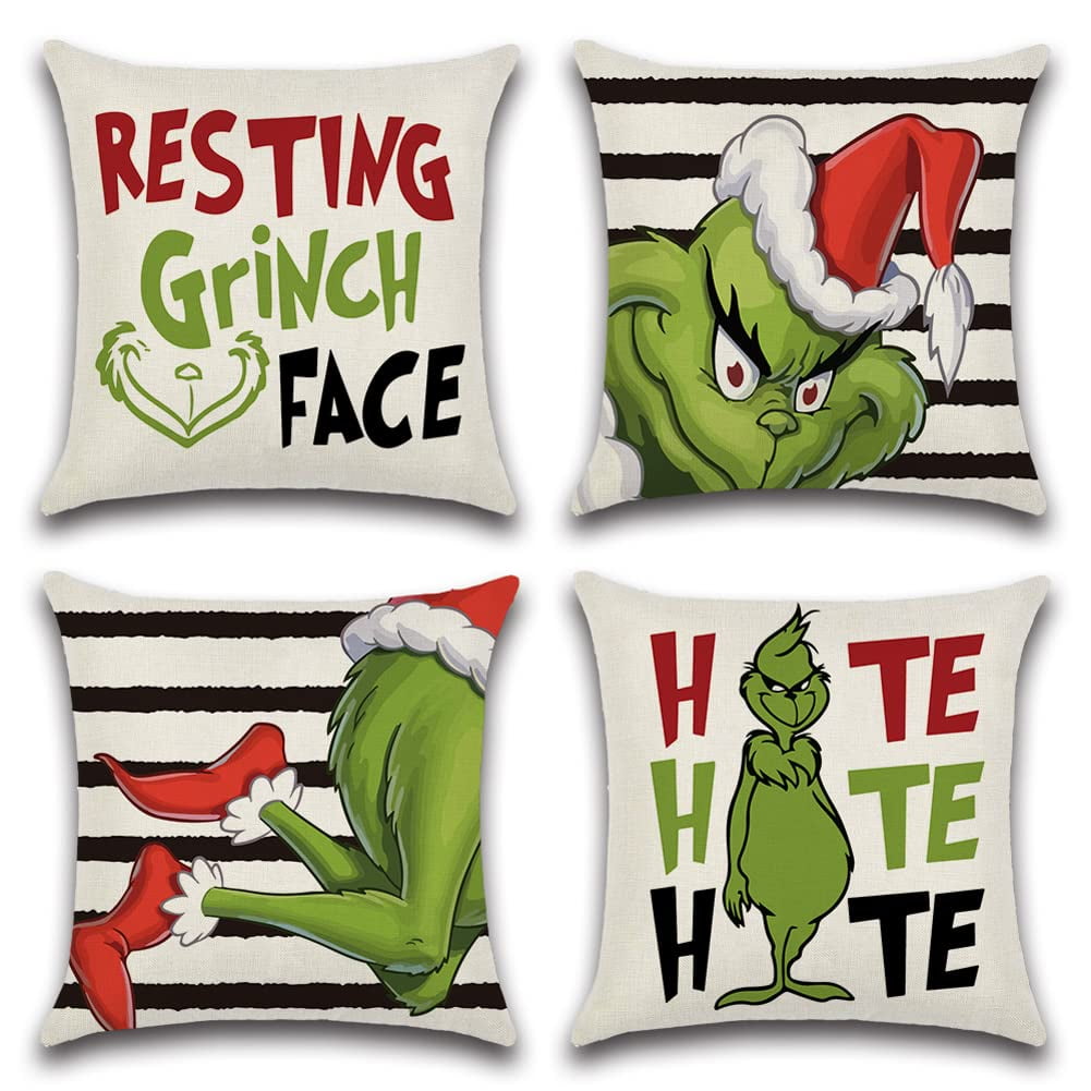 Grinch Christmas Pillow Covers 18x18 Set of 4 for Christmas Decorations,Grinch Stripe Christmas