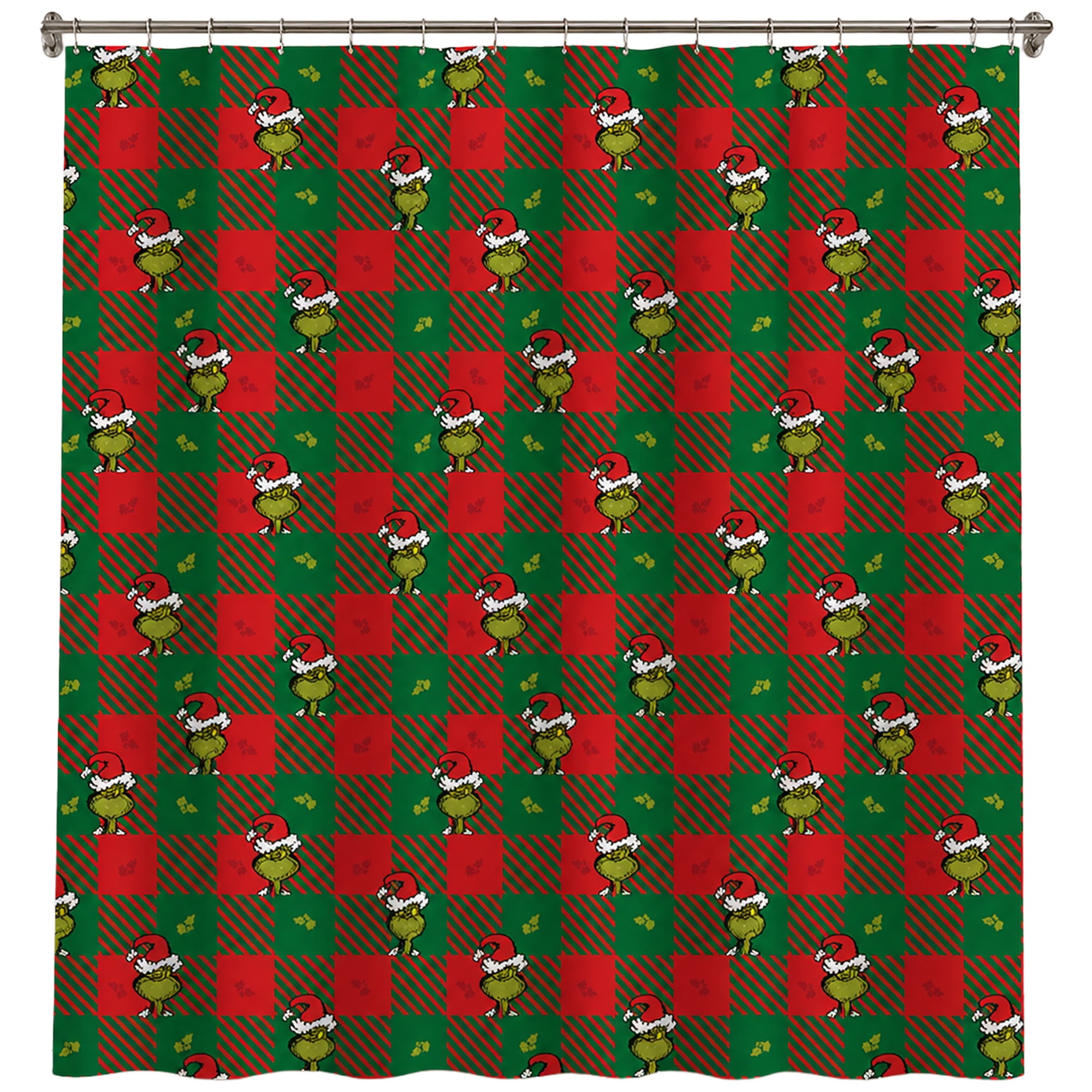 Grinch Christmas Plaid Fabric Shower Curtain, 72 x 72