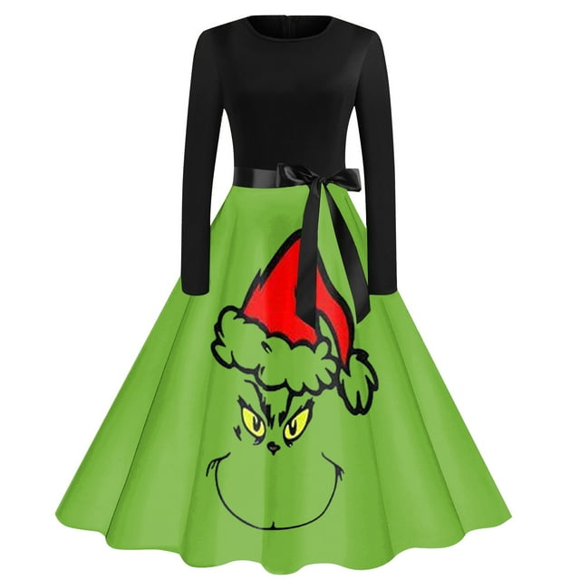 Grinch Christmas Printed Long Sleeve Dress Grinch Christmas Vintage