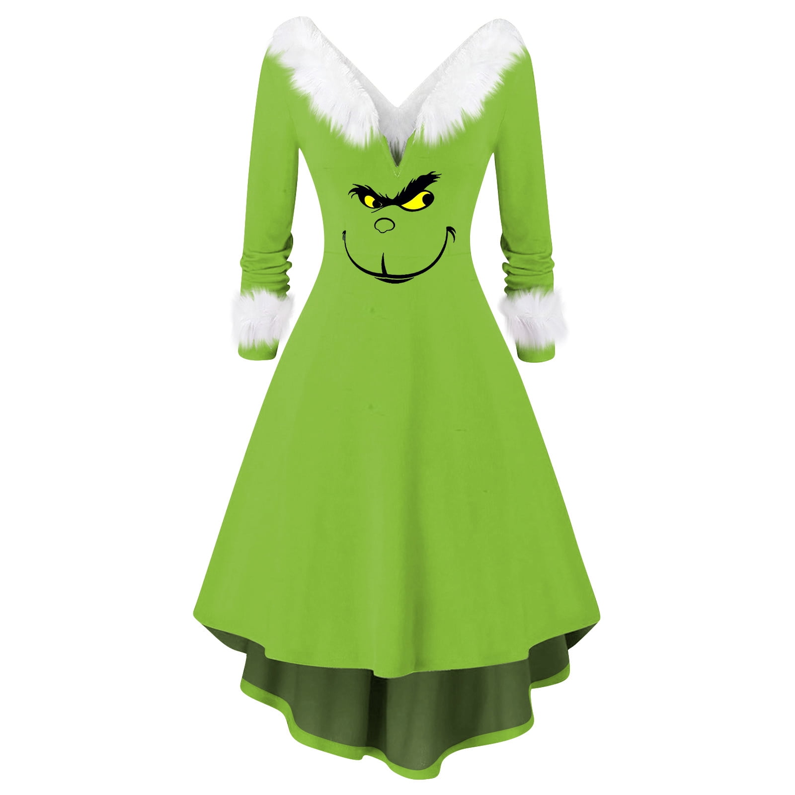 Grinch Christmas Printed Long Sleeve Dress V Neck Grinch Christmas ...