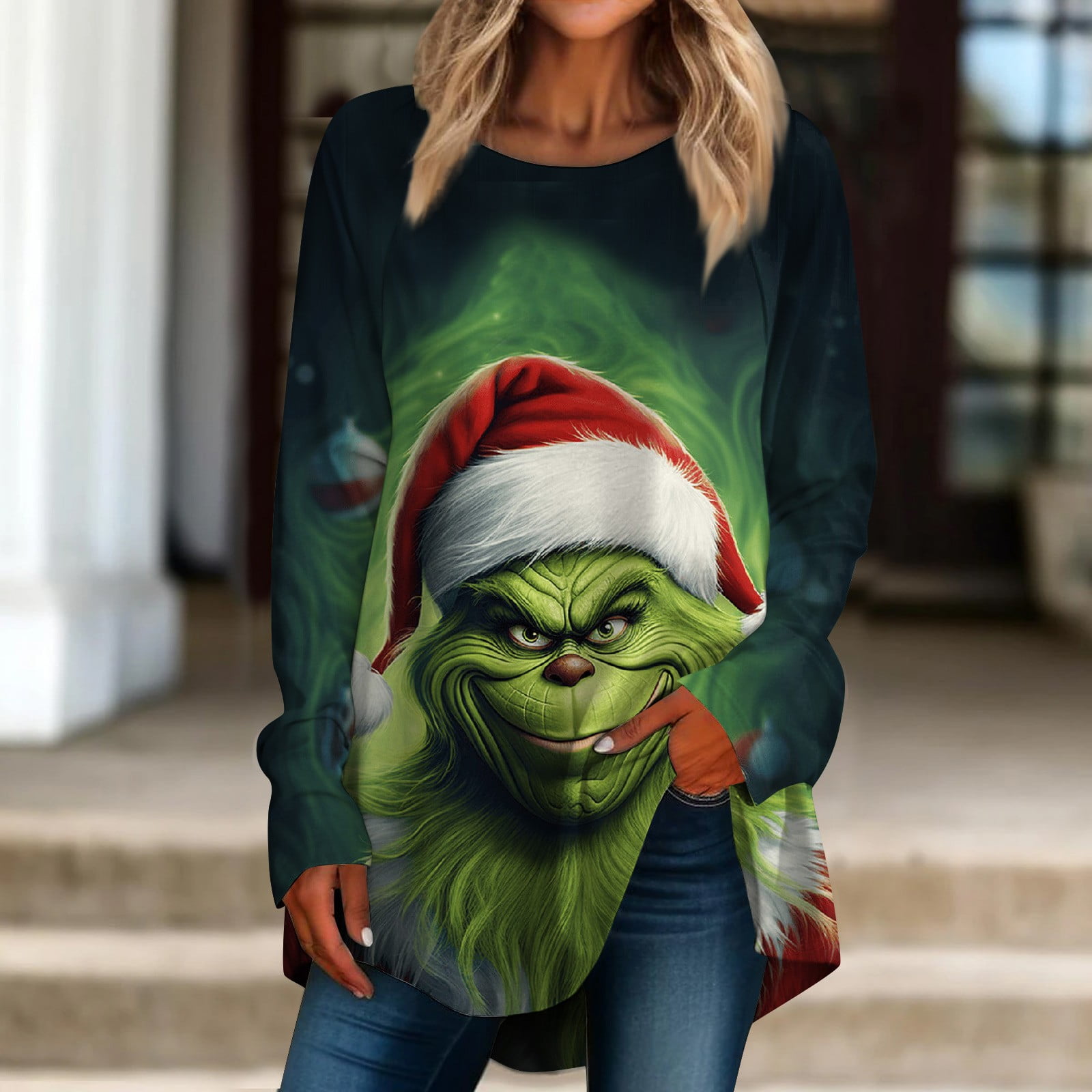 Grinch Christmas Shirt for Women Merry Christmas Sweatshirt Christmas Funny Pullover Green Grinch Printed Long Sleeve Raglan Tops Sweatshirt