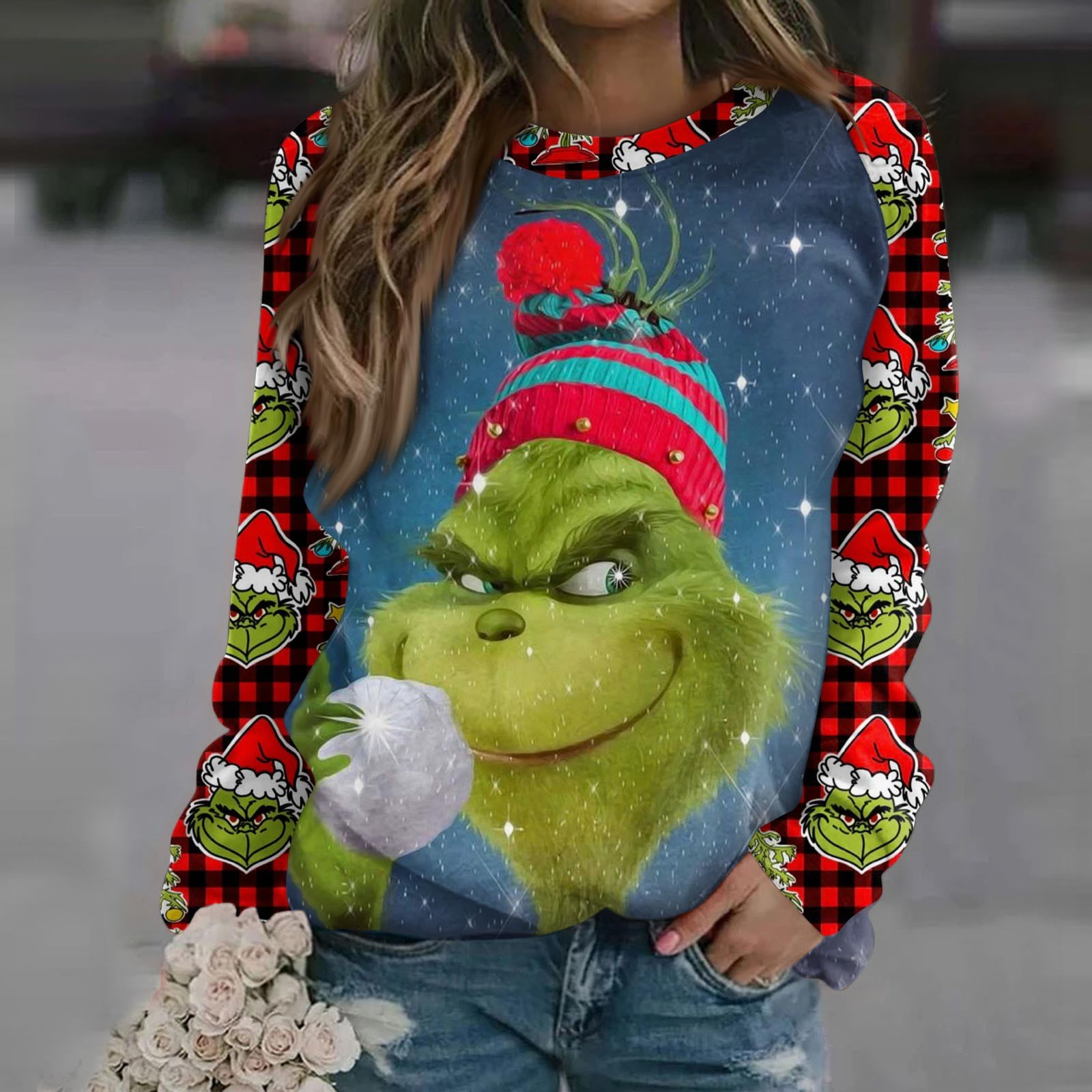 Strickpullover Weihnachtspullover Damen Long Long Sleeve Grinch Pullover  Damen Beige Mrs Claus But Married To