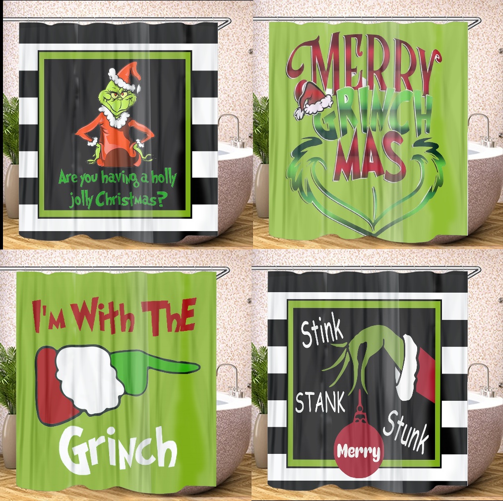 Grinch Christmas Showe Curtain with Hooks, Shower Curtain Set Tall