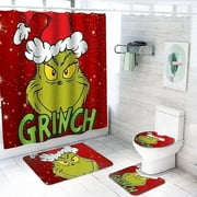 Grinch Christmas Shower Curtain Sets, 4Pcs Bathroom Sets with Shower Curtain, Toilet Lid Rug, Contour Mat and Bath Mat, Shower Curtain with 12 Hooks for Bathroom Set Decor z