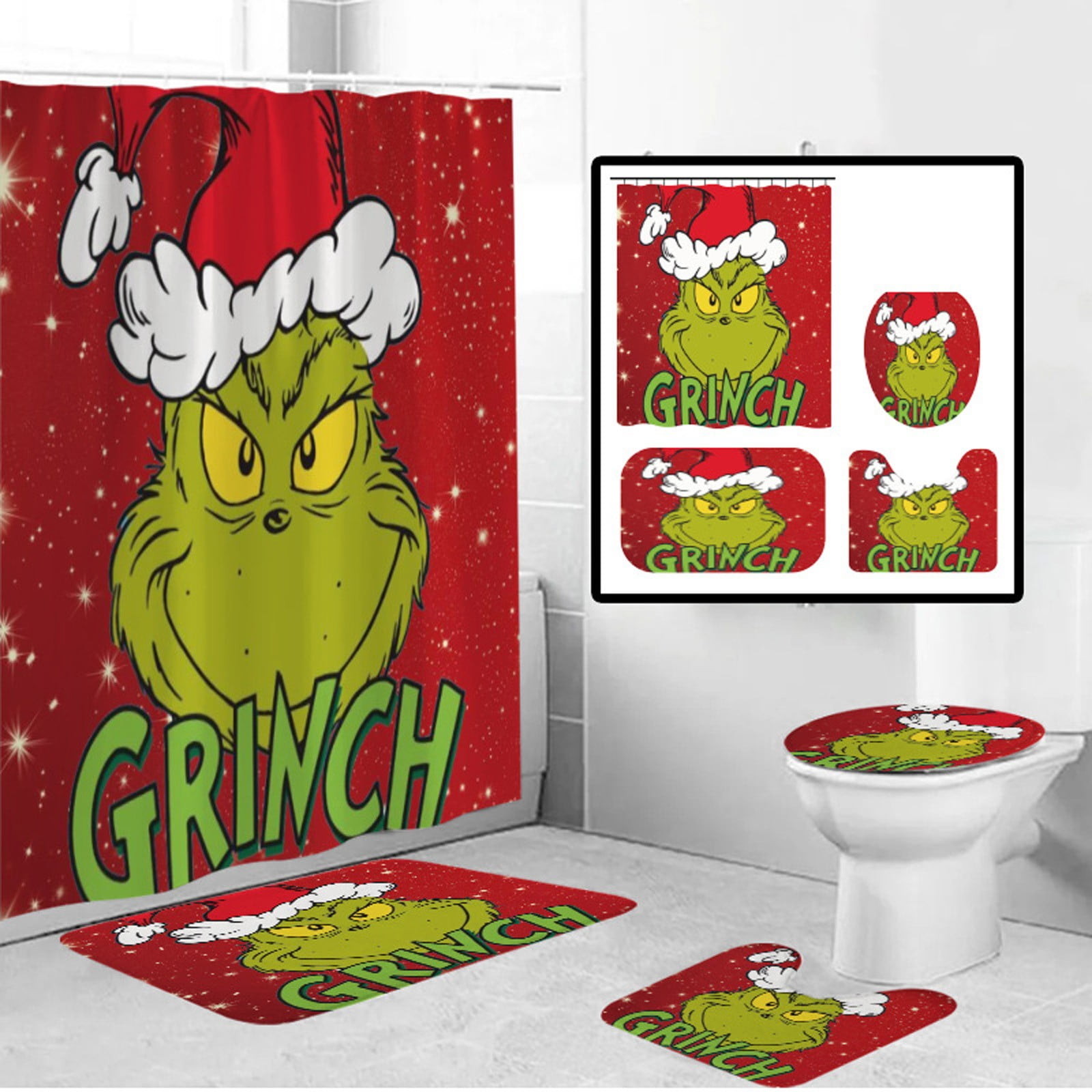 Grinch Christmas Shower Curtain Sets, 4Pcs Bathroom Sets with Shower ...