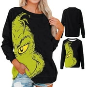KYGABAK Grinch Christmas Sweatshirts, Women's Sweatshirts Grinch Printed Pullover Tops Crewneck Pullover Loose Sleeved Sweater Plus Size
