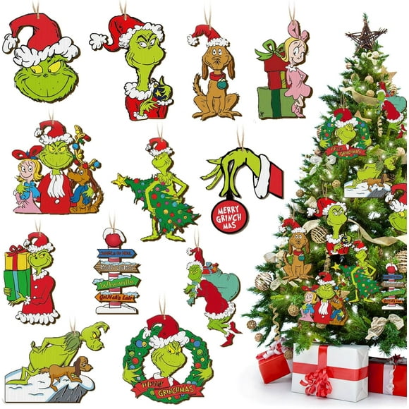 Grinch Christmas Tree Decorations, 24pcs Unique Wooden Grinch Christmas Hangings Ornaments for Christmas Tree Topper, 2024 New Grinch XmasTree Decor Gift for Indoors Home Party Decor