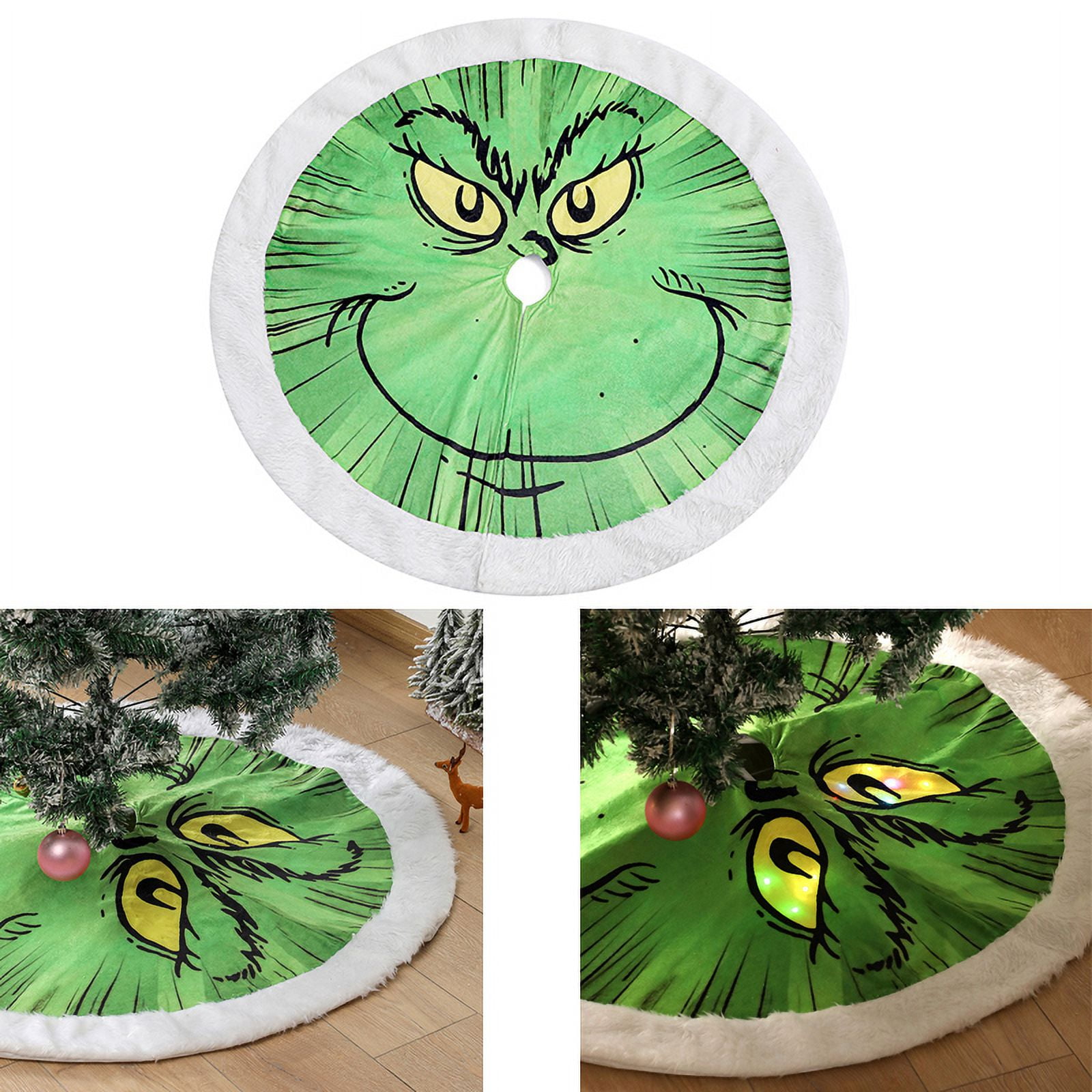 Grinch Christmas Tree Skirt Fabric Xmas Tree Mat with LED Light 46 Inch