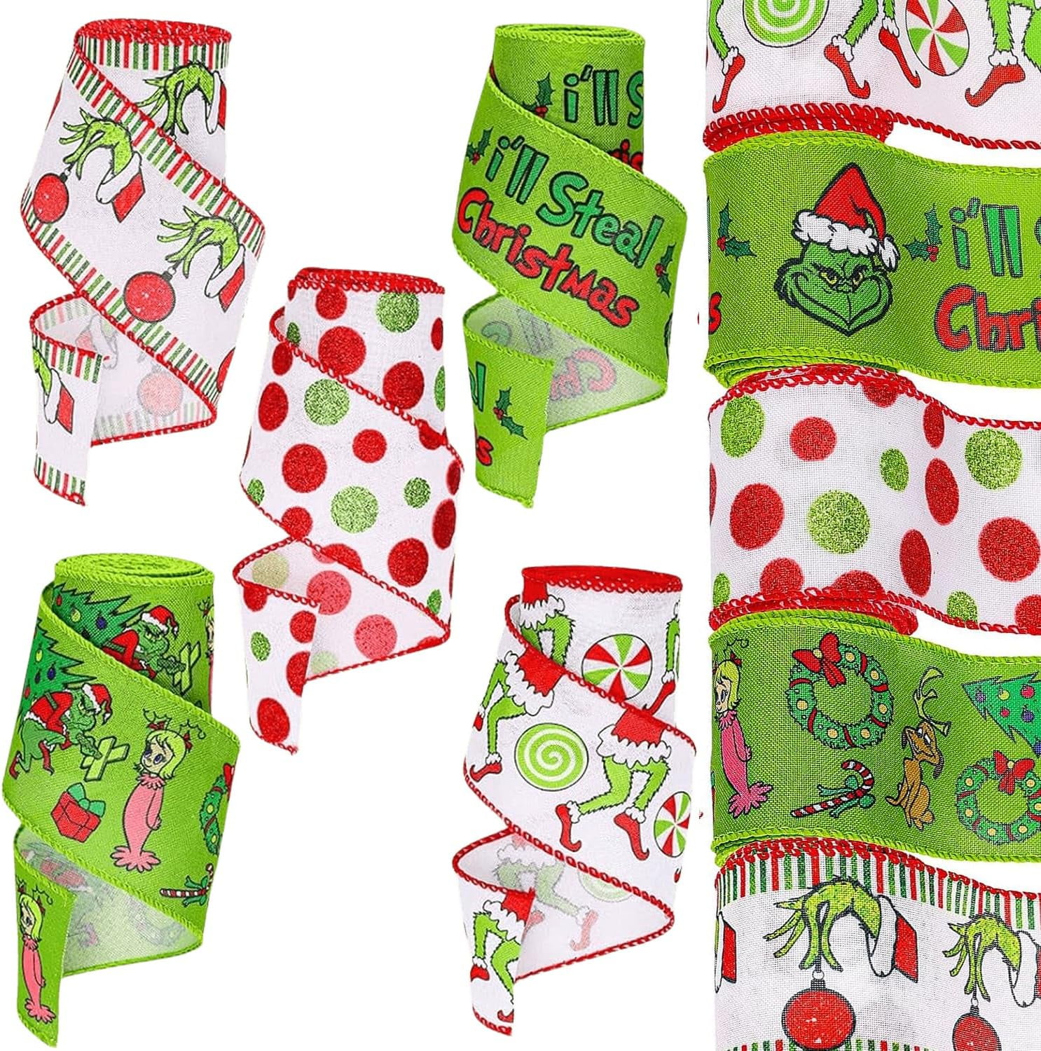GASUE the Grinch Christmas Wired Edge Ribbon, 30 Yards/Roll, 2.5 inches Grinch Cartoon Character Wide Red Green Grinch Glitter Dot Craft Ribbon for Christmas Grinch Gift Wrapping and DIY Projects