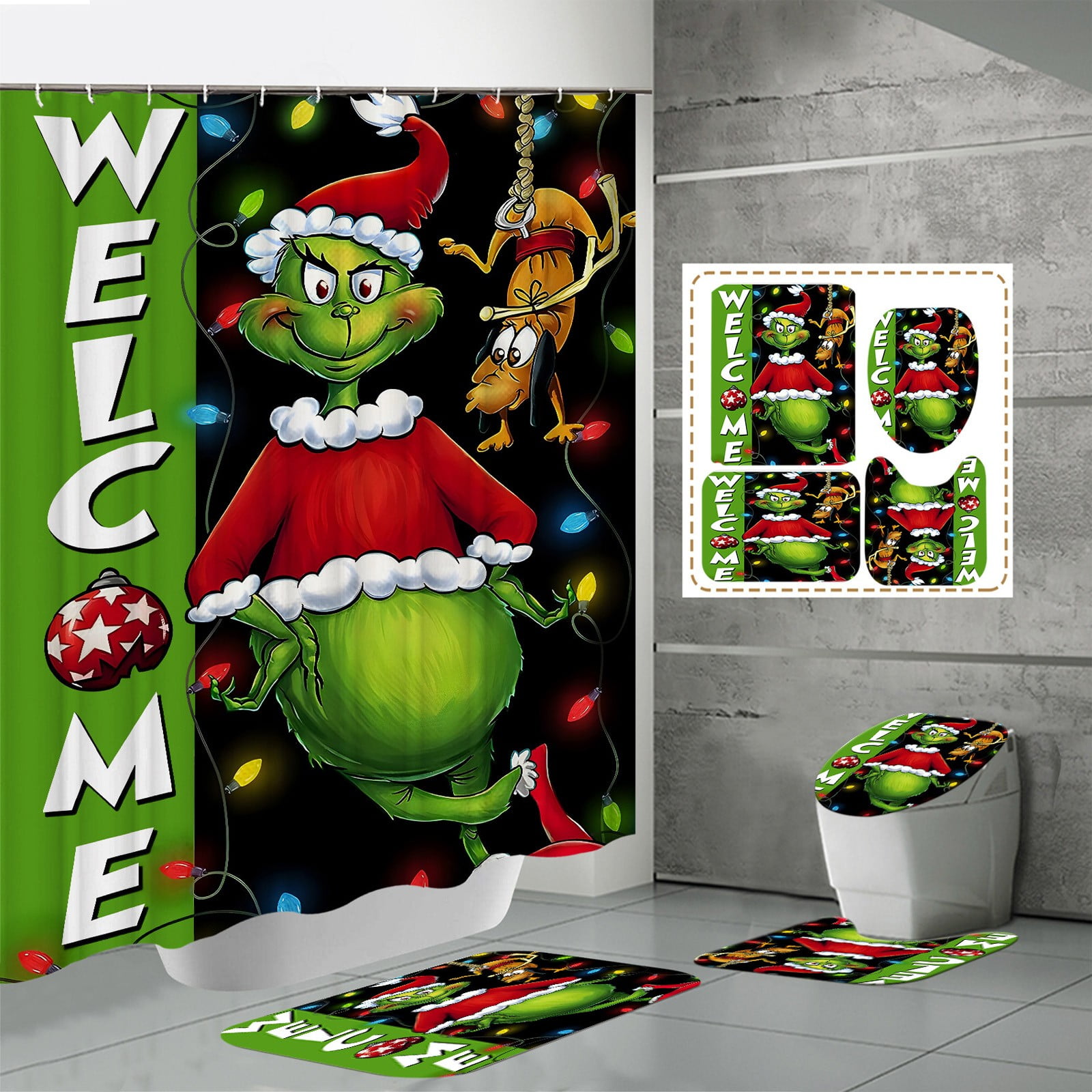 Grinch Clearance!4PCS Grinch Christmas Shower Curtain Sets with Shower