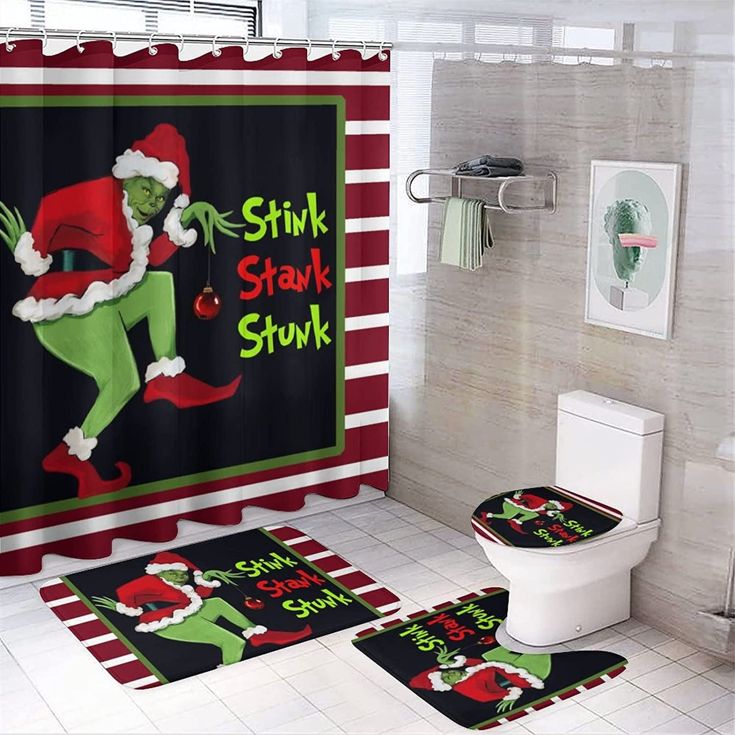 Grinch Curtain Merry Christmas Shower Curtain Set, Grinch Curtain