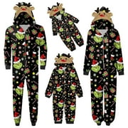 GUVPEV Grinch Family Christmas Pajamas Matching Onesies Sets Elk Antler Hooded Christmas Grinch Romper Pjs Zipper Jumpsuit Sleepwear, Matching Christmas Pajamas for Family Dad Mom Kids Baby