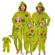 ZUITEH Grinch Family Christmas Pajamas Matching Onesies Sets Flannel Cute Hooded Christmas Grinch Romper Pjs Zipper Jumpsuit Sleepwear, Matching Christmas Pajamas for Family Dad Mom Kids Baby