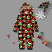 DEFTMENTKINGEN Greeinch Family Christmas Pjs Matching Sets, Merry Christmas Pajamas Print Family Hooded Long Sleeved Zippered Jumpsuit Xmas Sleepwear Set, Green Furry Monster Pajamas for Adults & Kids
