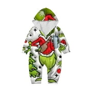 DEFTMENTKINGEN Greeinch Family Christmas Pjs Matching Sets, Merry Christmas Pajamas Parent-Christmas Printed Parent Hooded Zip One-Piece Homewear Greeinch Pjs Xmas, Green Furry Monster Pajamas for Adults & Kids