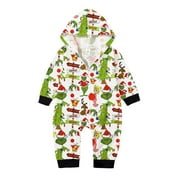 DEFTMENTKINGEN Greeinch Family Christmas Pjs Matching Sets, Merry Christmas Pajamas Parent-Christmas Printed Parent Hooded Zip One-Piece Homewear Greeinch Pjs Xmas, Green Furry Monster Pajamas for Adults & Kids