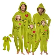 SANTAJOY Green Fuzzy Monster Family Christmas Pajamas Matching Sets, pijamas de navidad para familia 2025, Xmas Family Zippered Hooded Jumpsuit, Xmas Pjs for Couples, Women, Men, Kids & Baby