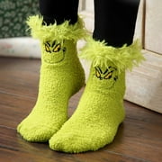 LHOO Grinch Fuzzy Socks - Cozy Polyester Socks with Embroidered Details - Christmas Socks Santa Claus Socks Elf Stockings Gift, Size 7-12