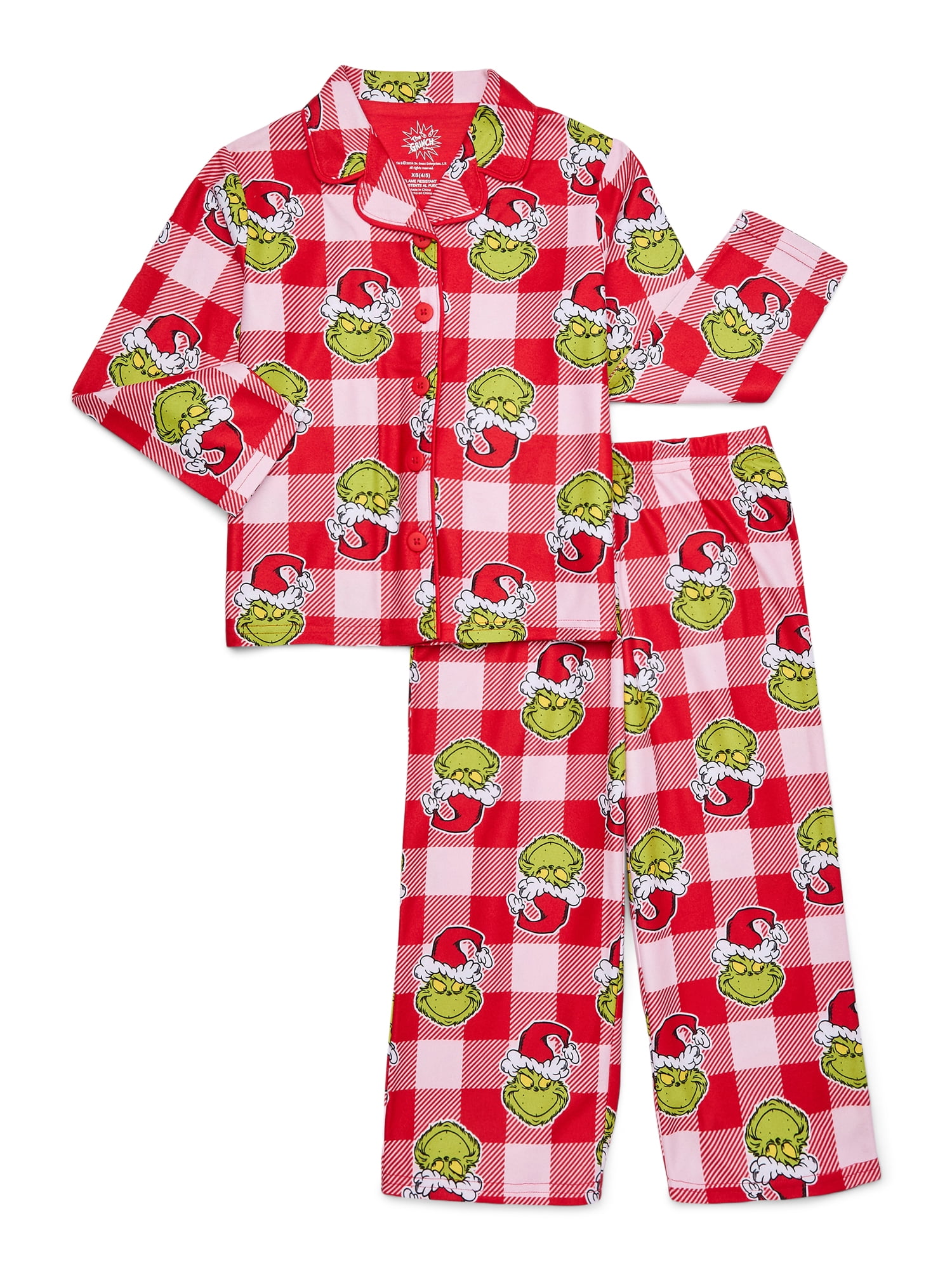 Grinch Girls Long Sleeve Button Front Top and Pants Pajama Set 2 Piece Sizes 4 16 Walmart