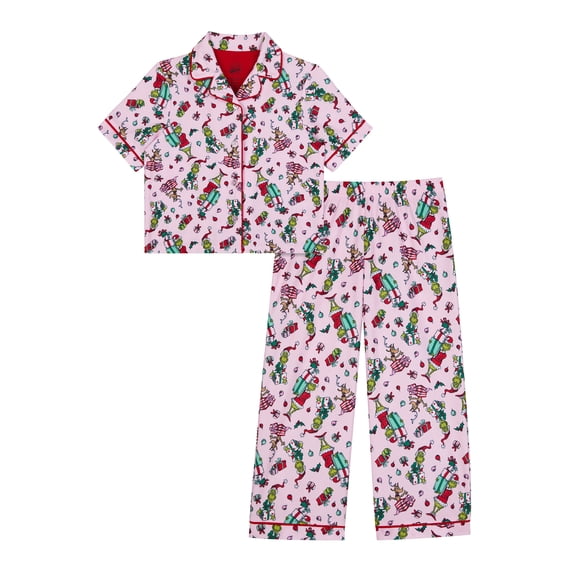 Grinch Girls Short Sleeve Botton Front Top and Pants Pajama Set, 2-Piece, Sizes 4-12