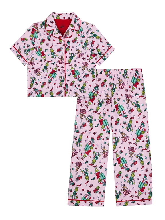 Grinch Girls Short Sleeve Botton Front Top and Pants Pajama Set, 2-Piece, Sizes 4-12