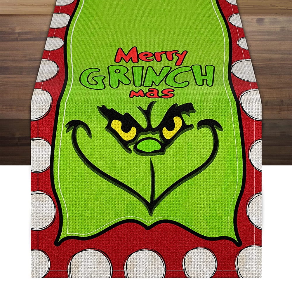 Grinch Green and Black Buffalo Plaid Christmas Table Runner Merry