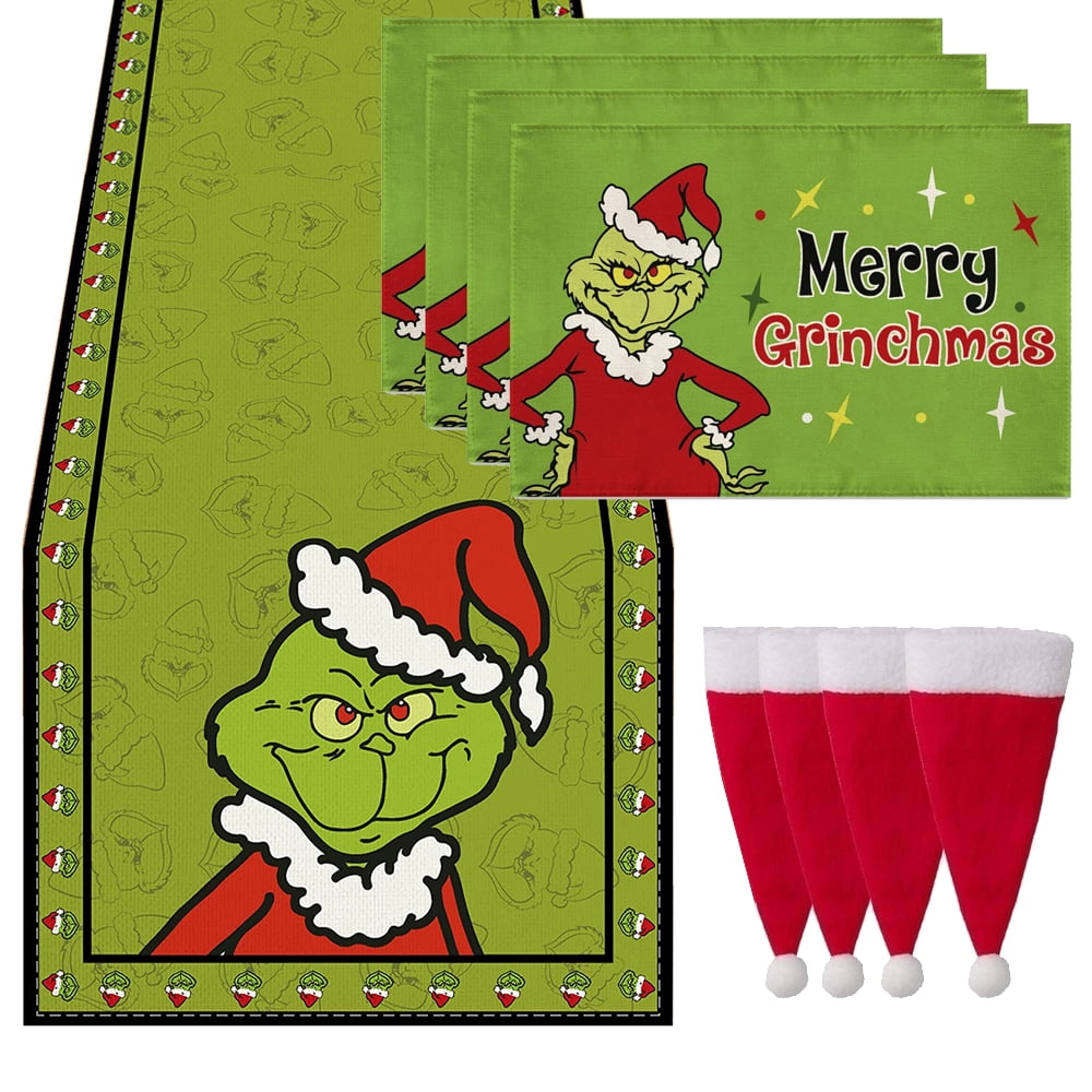 Grinch Green and Black Buffalo Plaid Christmas Table Runner Merry