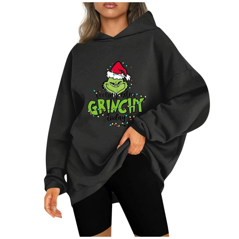 Grinch Grinch Hoodie Women s Fashion Casual Hooded Sweatshirts Long Sleeve Christmas Printed Sweatshirts Top Black L