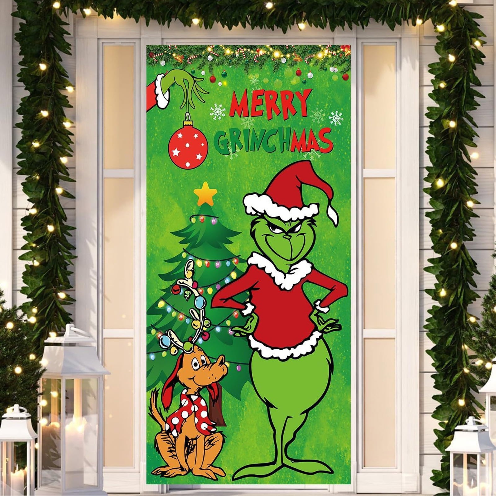 Grinch Grinchmas Christmas Door Cover, Xmas Front Door Decor With
