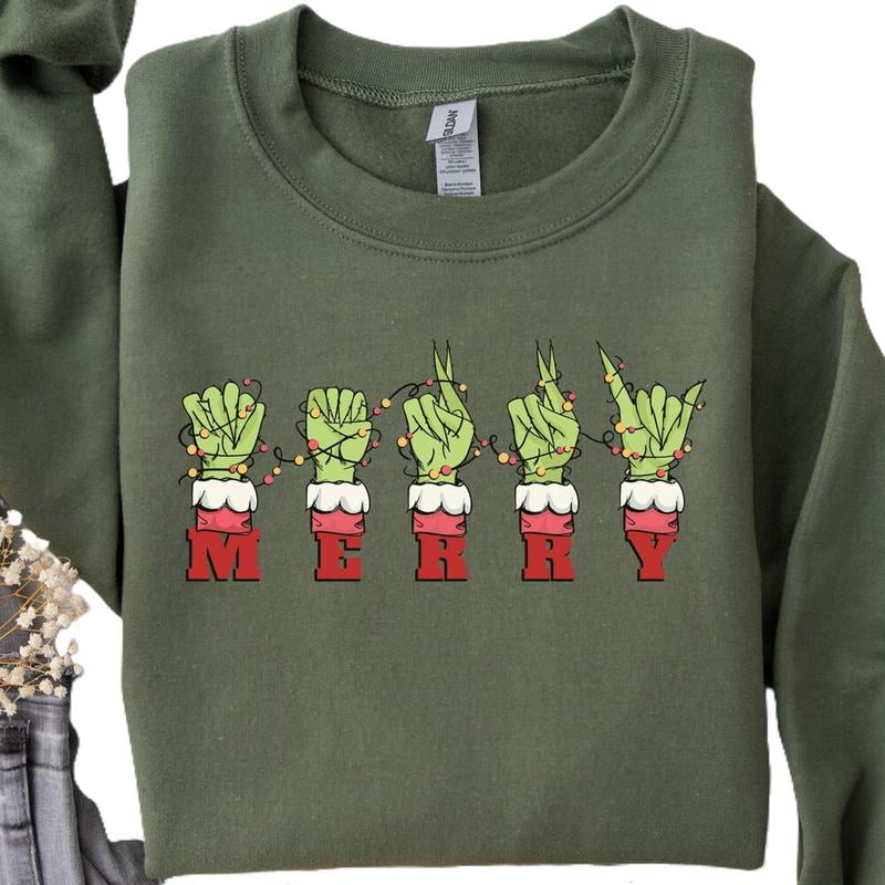 Grinch Hand ASL Merry Christmas Sign Language Sweater. Grinch Face