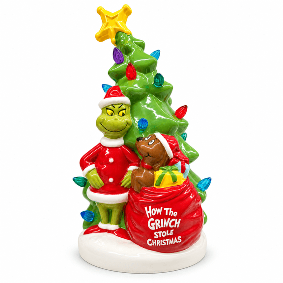 Grinch Light Up Ceramic Christmas Tree, Battery Operated, Tabletop Decor, 12 in