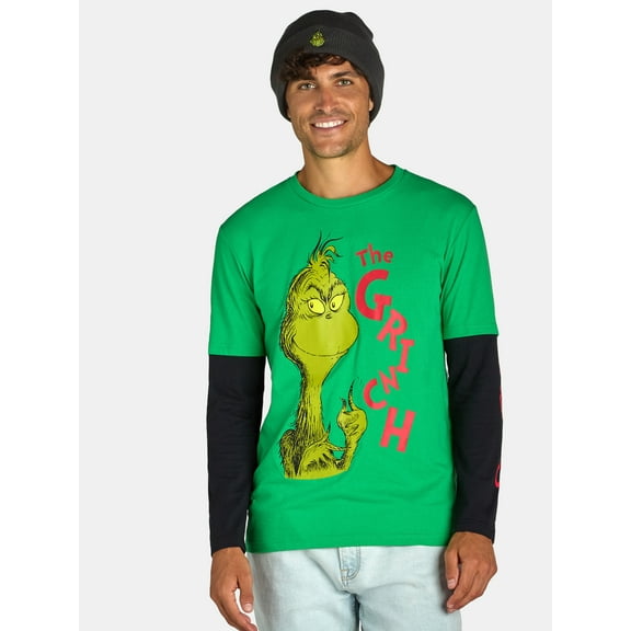 Grinch, Men's & Big Men's Long Sleeve Graphic Tee Shirt and Beanie Hat Set, Sizes XS-3XL