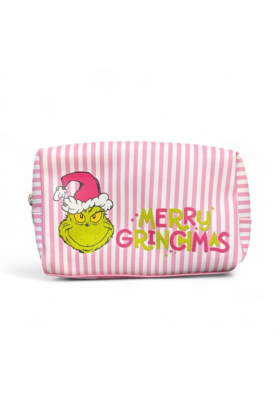 Grinch Merry Grinchmas Pink Striped Cosmetic Bag by Bioworld