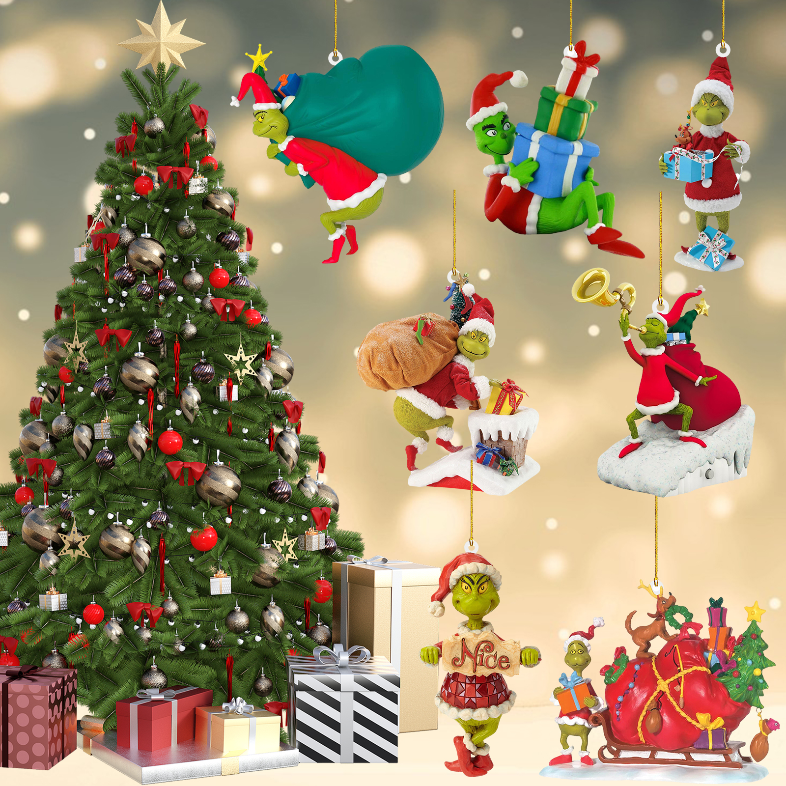 Grinch Ornaments for Christmas Tree, 7Pcs Pendant Resin Hanging