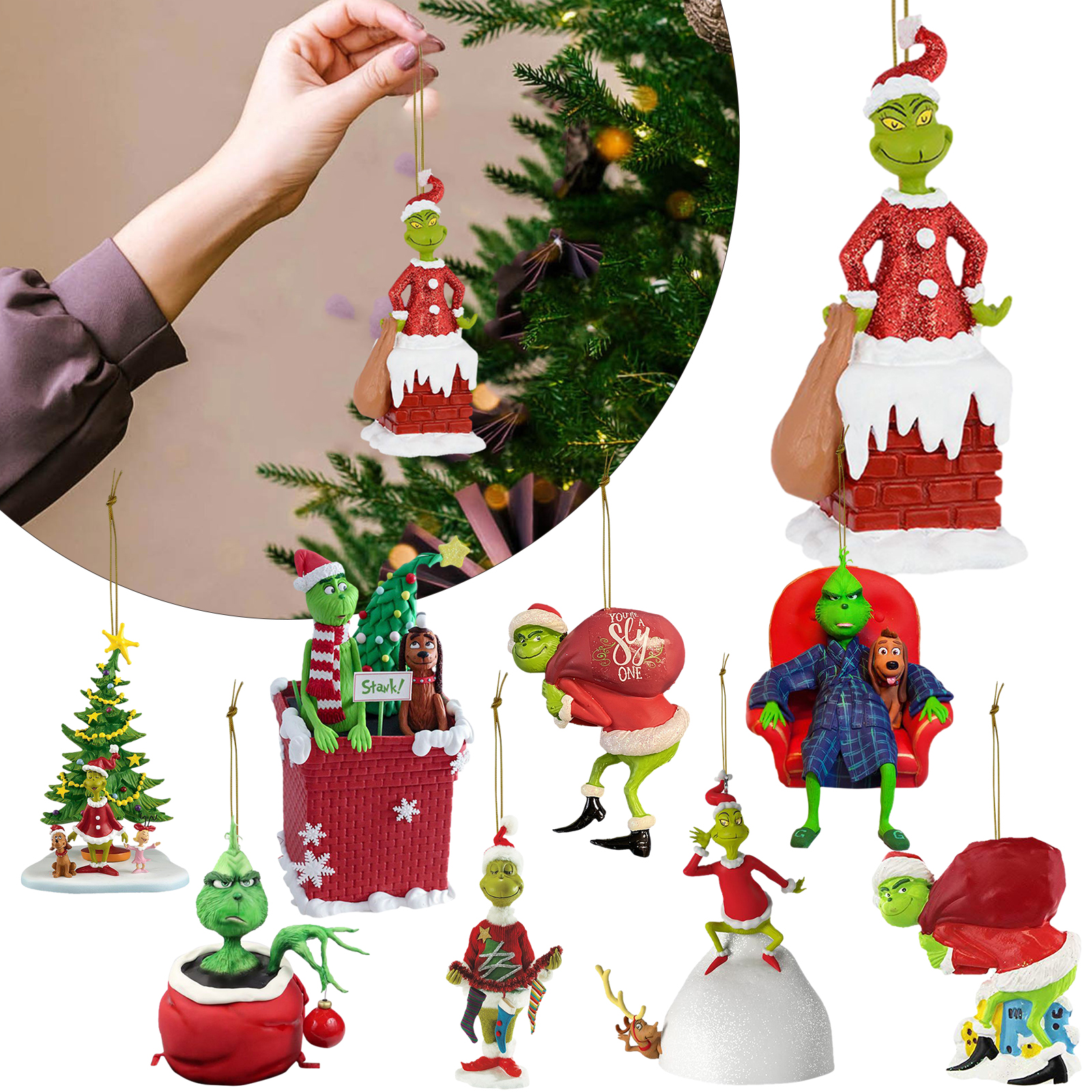 Grinch Ornaments for Christmas Tree, 9Pcs Pendant Resin Hanging