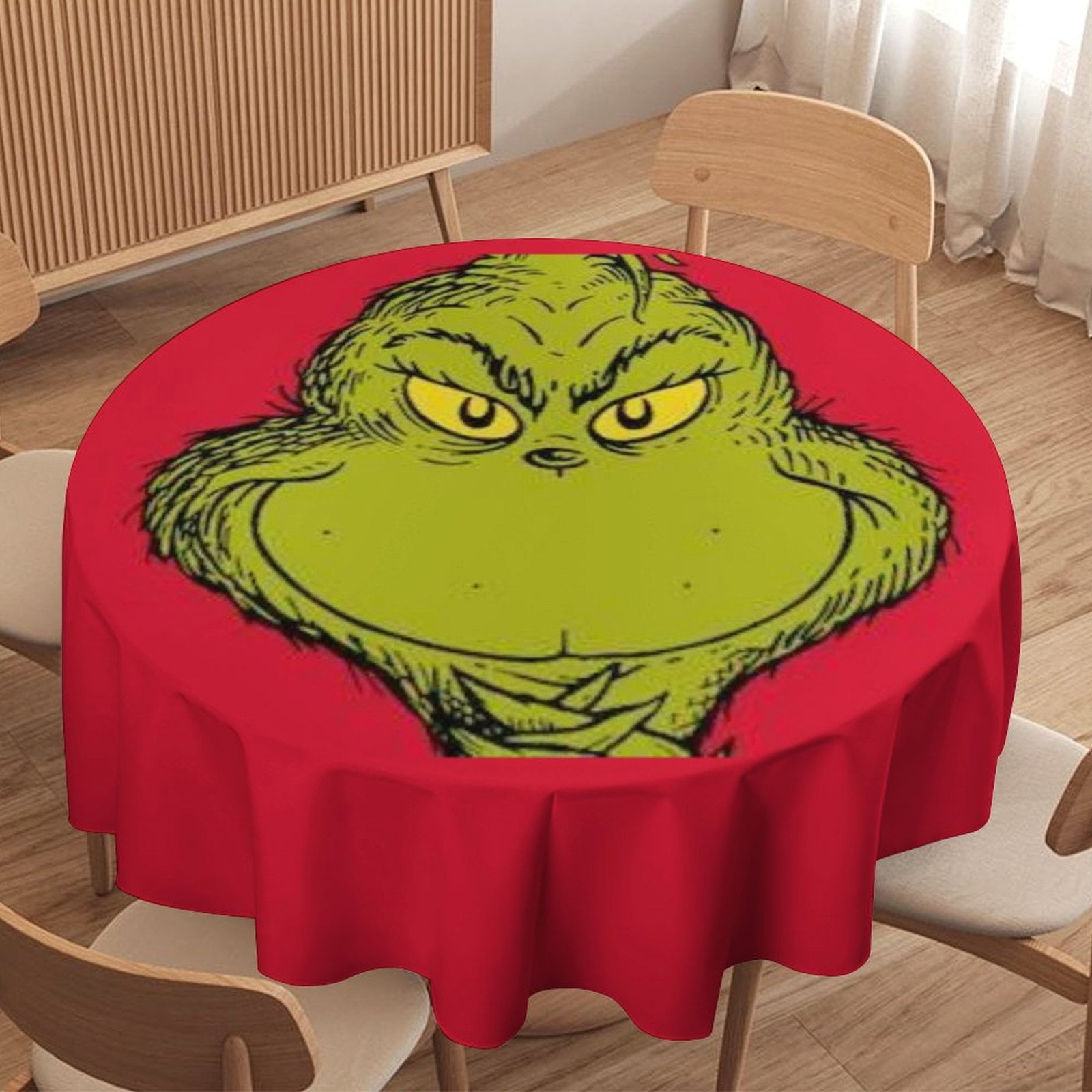 Grinch Round Tablecloth，Waterproof Stain and Wrinkle Resistant Washable