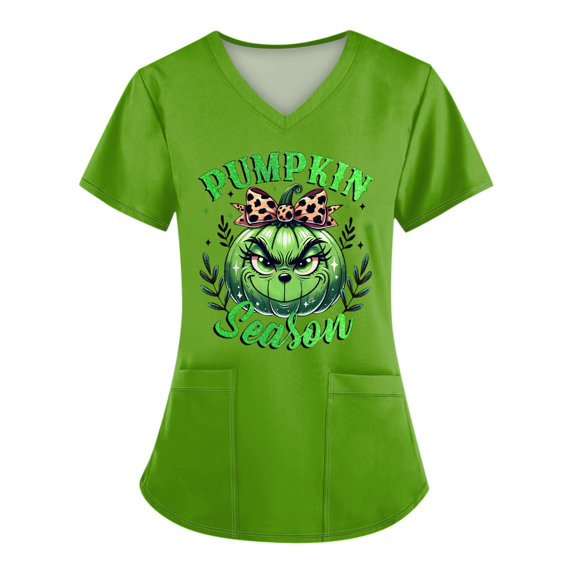 Grinch Shirt,Christmas Shirt,Grinch Costume,Ladies' Fashion V-Neck Short Sleeve Work Coat with Pockets Christmas Grinch Print Nurse Dress-Multicolor-M
