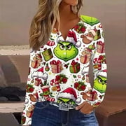 KYGABAK Grinch Womens Tunic Tops,Grinch Womens Fall Clothes,Grinch Sweatshirt for Women,Grinch Womens Plus Size Long Sleeve Henley Tops Pullover with Buttons Down Casual Loose Fit V-Neck Tunics Tops