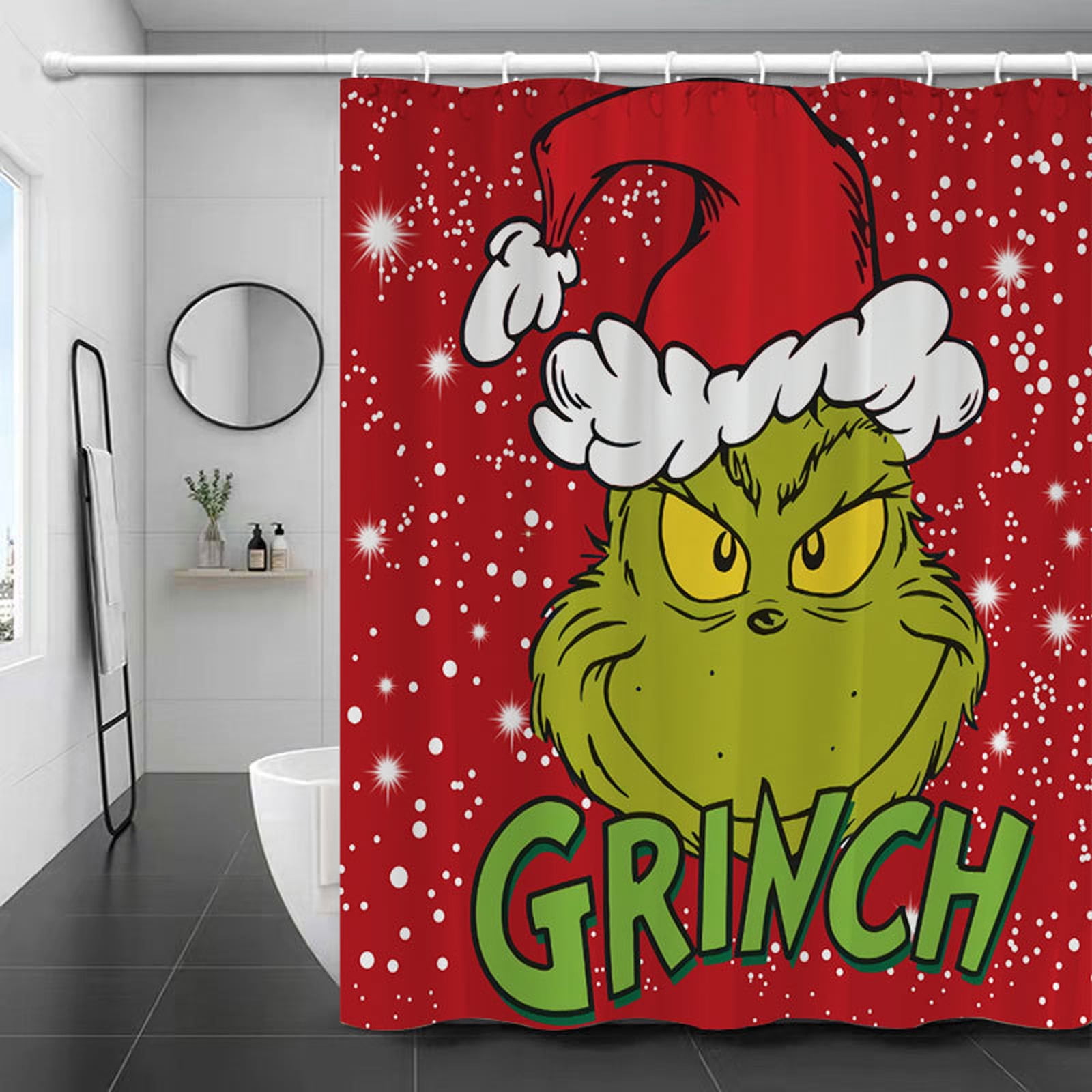 Grinch Xmas Print Bath Curtain 4-Piece Set, Grinchmas Santa Hat & Snow ...