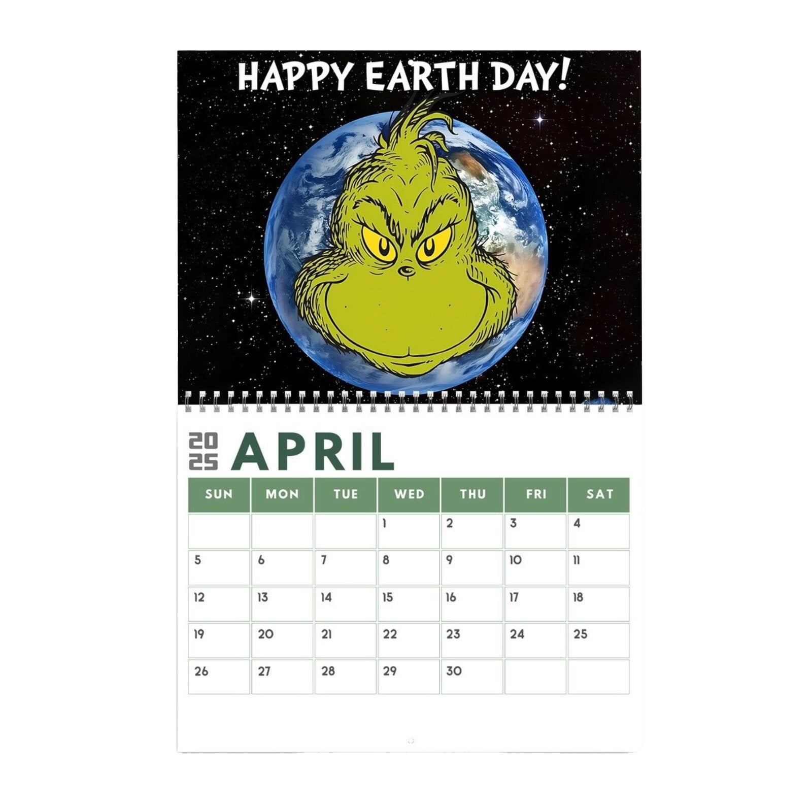 Grinch christmas tree 2025 Wall Calendar with Earth Day Theme Monthly Pages, Vibrant