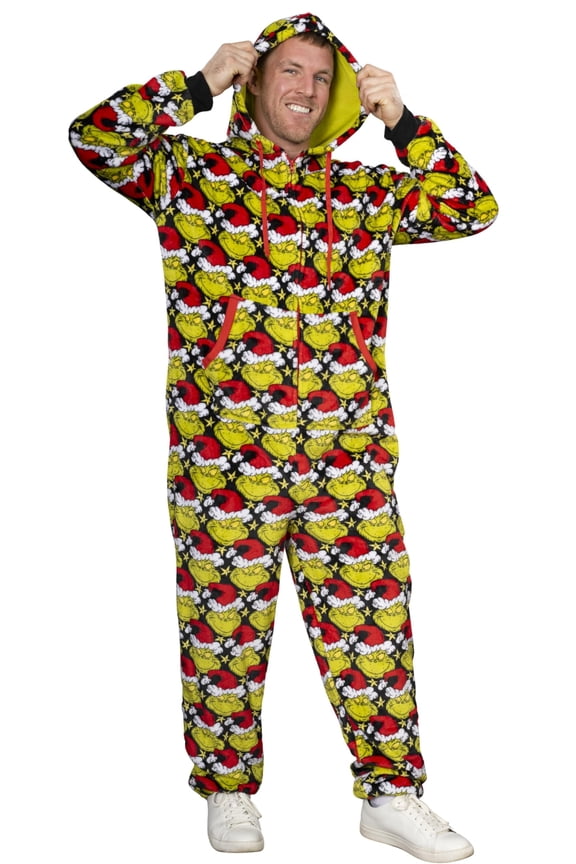 Grinch with Santa Hat Face All Over Pajamas Jumpsuit - Christmas Union Suit with Hood and Pockets for Men and Women