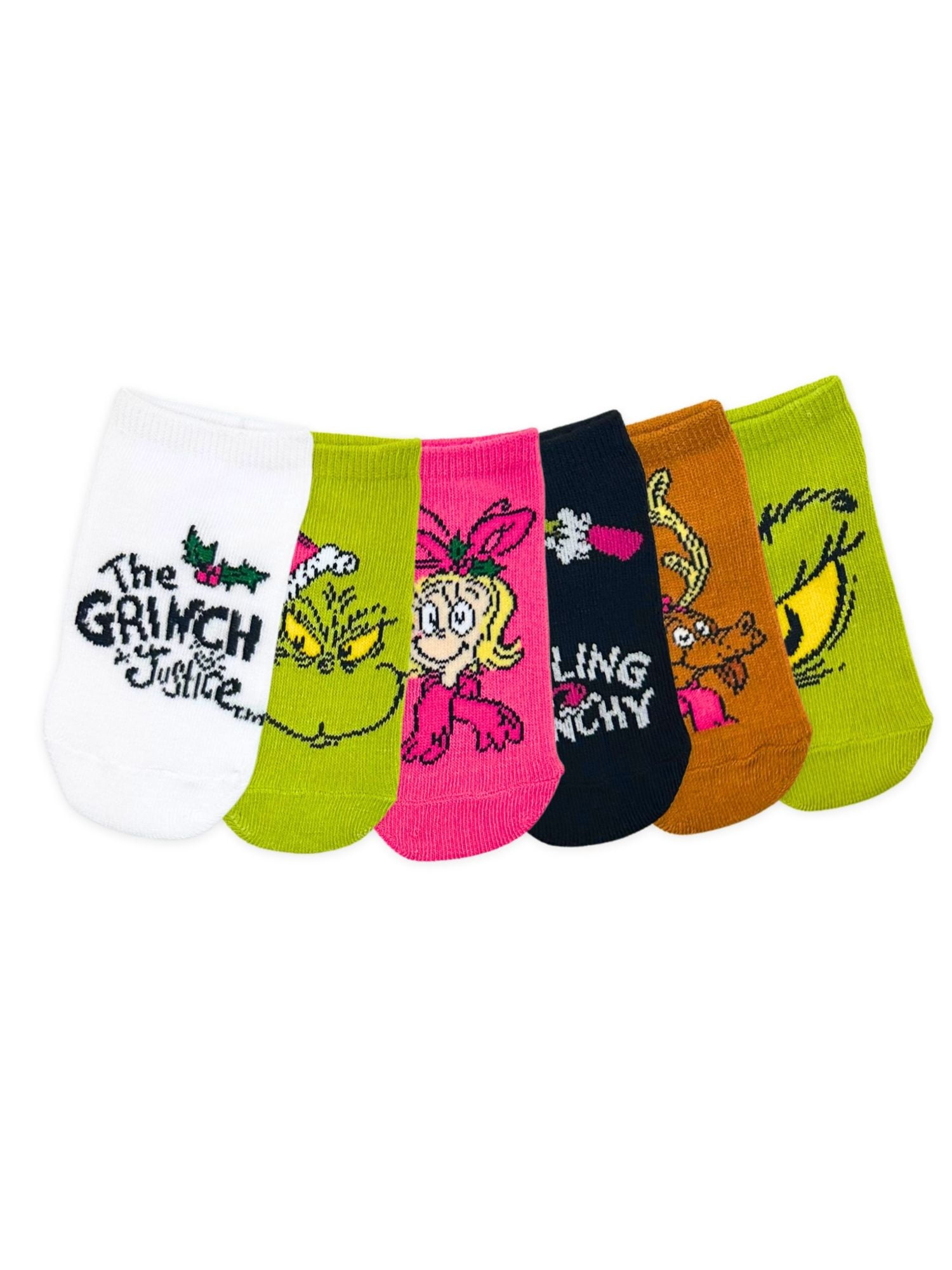 Grinch x Justice Girls No-Show Socks, 6-Pack, Sizes S/M-M/L
