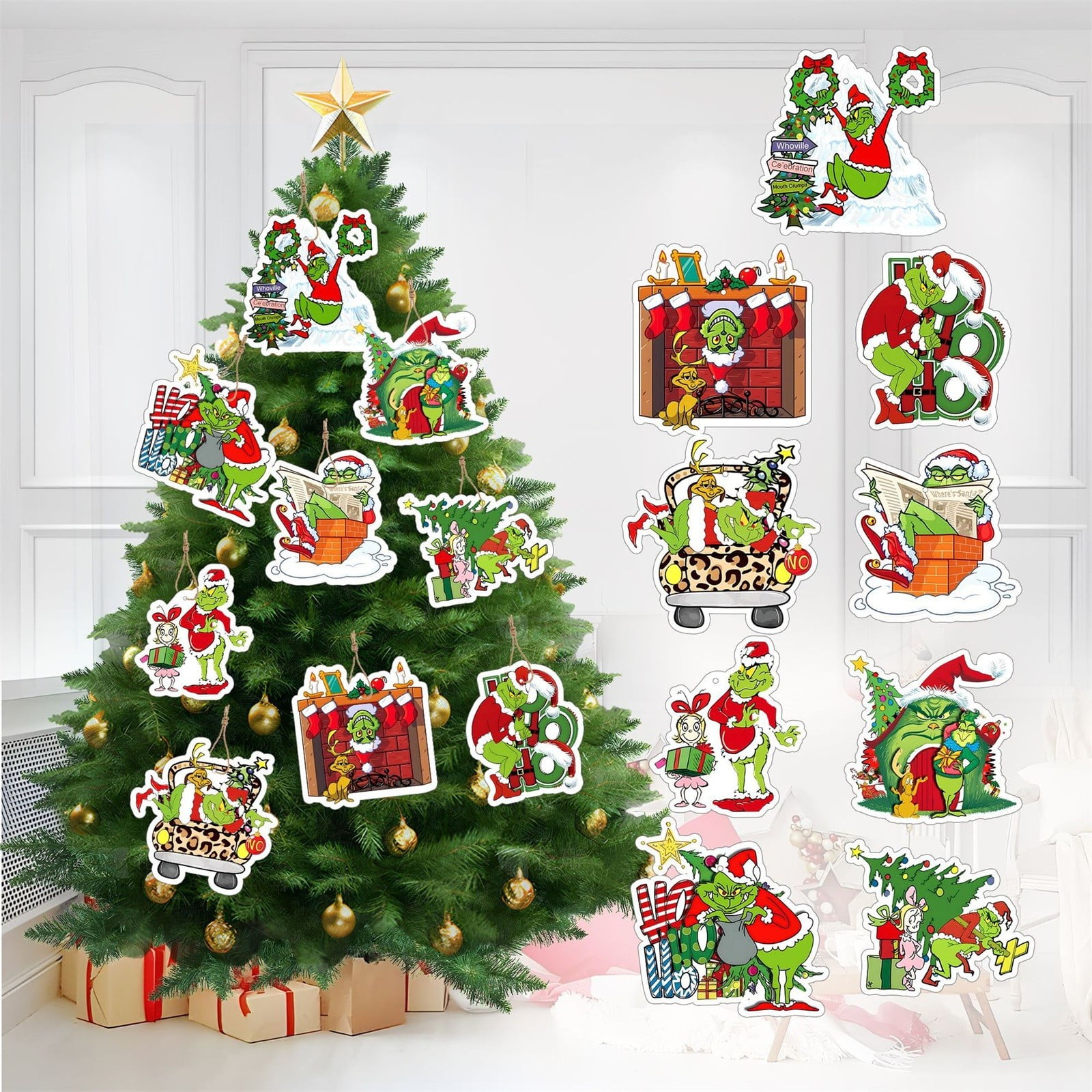 Grinchmas 20Pc Xmas Decor Hanging Ornaments, Grinch-Themed Kraft Paper