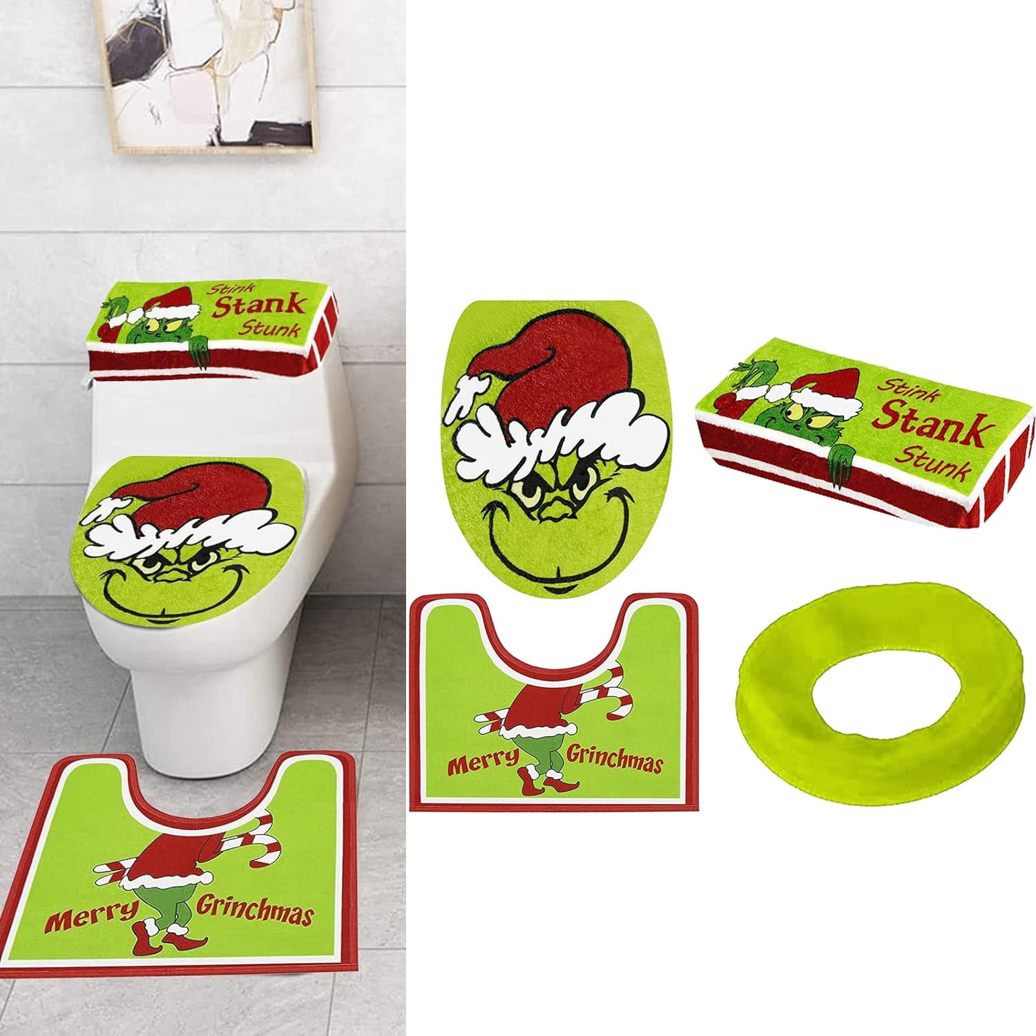 Grinchs Decor Toilet Seat Cover and Rug for Indoor Home Set of 4