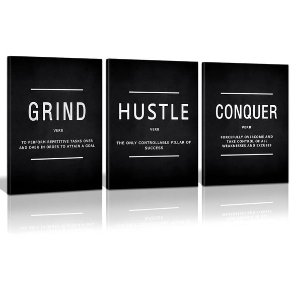 Grind Hustle Conquer Success Wall Art, Motivation Canvas Wall Decor Framed Inspirational Painting Quotes Positive Poster Wall Hanging Picture for Home Office Workplace - 12" Wx16 Hx3piece