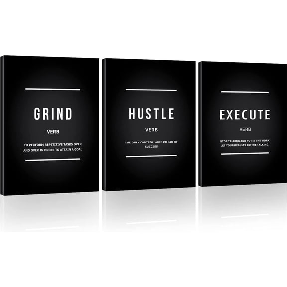 Grind Hustle Execute Quotes Canvas Wall Art, Motivational Reminder Decor Positive Affirmation Poster Inspiration Success Wall Hanging Picture Encouraging Gift for Home Office Workplace -12X16 3Piece