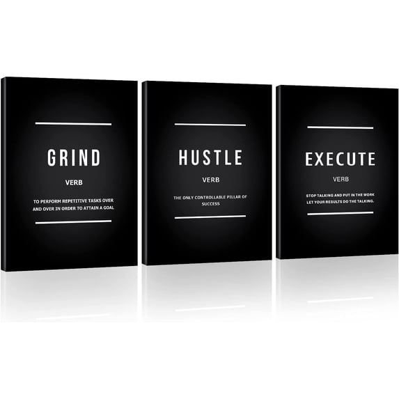 Grind Hustle Execute Quotes Canvas Wall Art, Motivational Reminder Decor Positive Affirmation Poster Inspiration Success Wall Hanging Picture Encouraging Gift for Home Office Workplace -12X16 3Piece