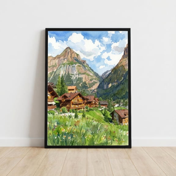 Grindelwald Watercolour : Swiss Alps Mountain Landscape Print