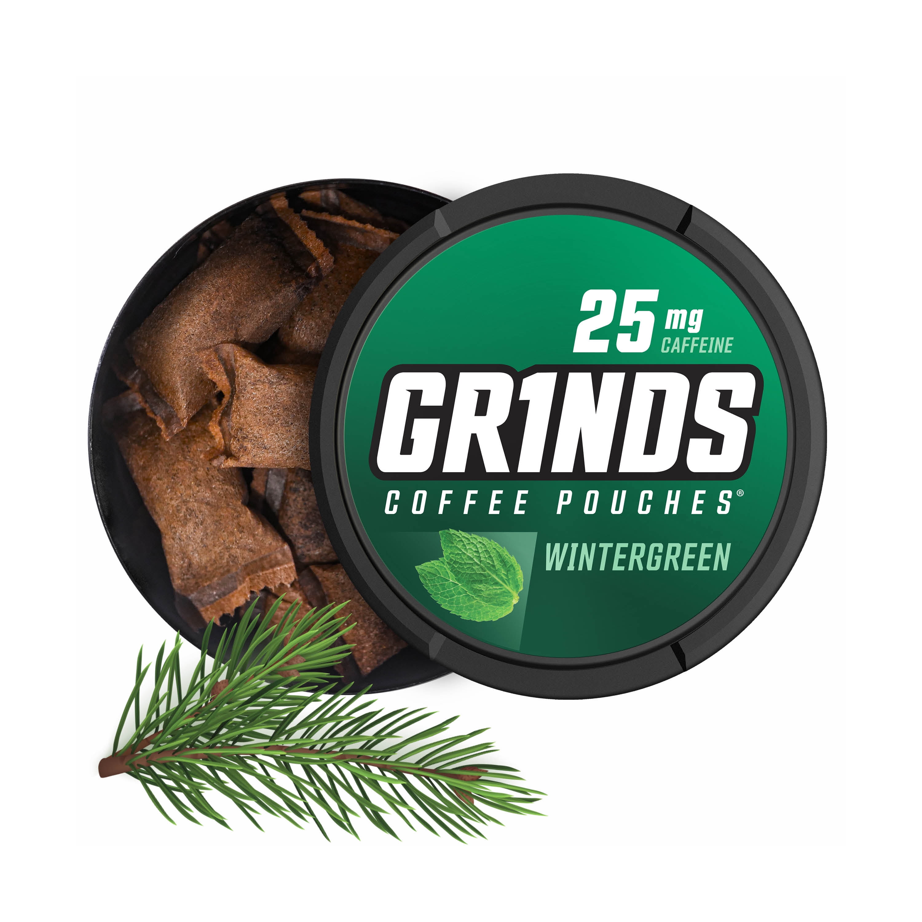 Grinds Coffee Pouches, Nicotine-Free, 25mg Caffeine, Wintergreen, 15 Pouches (1 Can)